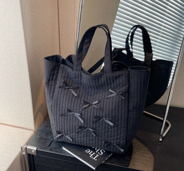 ラスト1点!2way!ブラック 黒 ヌビバッグ リボン ハンドバッグ ショルダーバッグ トート 習い事 通勤 通学