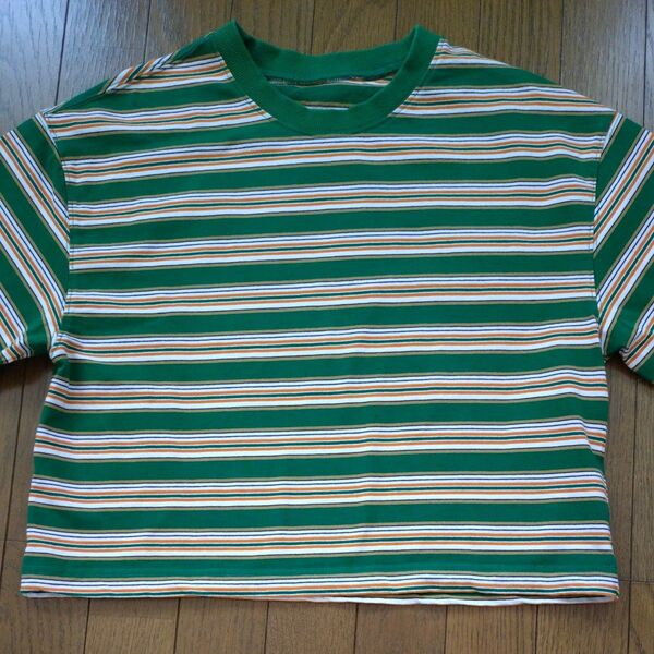 THE SHOP TK マルチボーダー柄ショート丈Tシャツ グリーン 5分袖