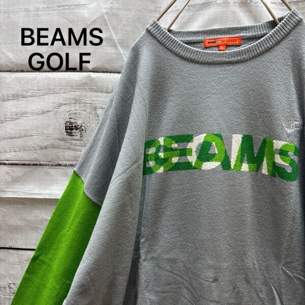 BEAMS GOLF ロゴセーター 刺繍 バイカラー グレー 黄緑 XL