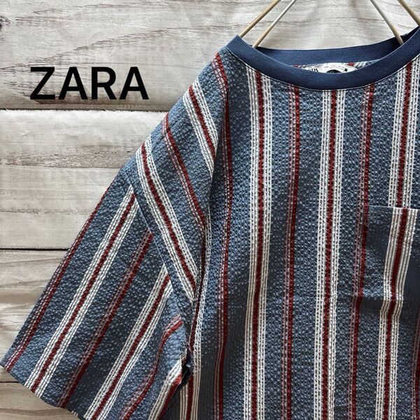 新品 ZARA ストライプ柄シアサッカーカットソー ポケット付き タグ付き