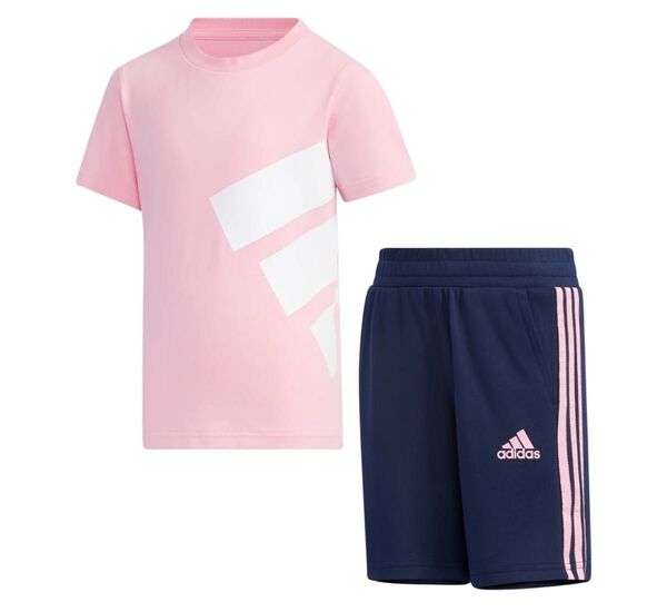 新品未使用 adidas アディダス 140 ビッグロゴ半袖Tシャツ(ピンク)・スリーストライプパンツ(紺) 上下 セットアップ