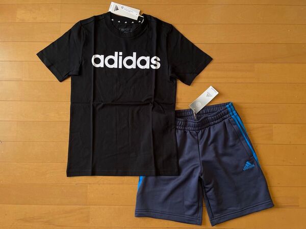 新品未使用 150 アディダス 快適!! リニアロゴ 半袖Tシャツ(黒)・3ストライプジャージパンツ(シャドウネイビー) 上下