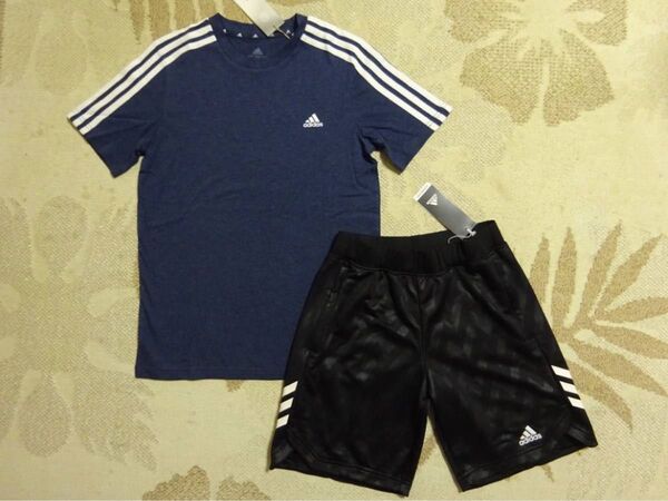 新品 adidasアディダス 160 3ストライプ半袖Tシャツ(杢ネイビー)・快適グラフィックハーフパンツ(ブラック) 上下