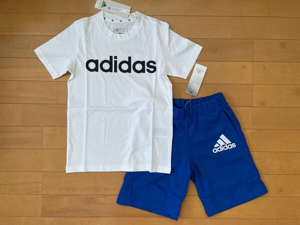 新品未使用 adidasアディダス 130 快適 半袖Tシャツ(ホワイト白)・パフプリントロゴスウェットパンツ(ブルー青) 上下