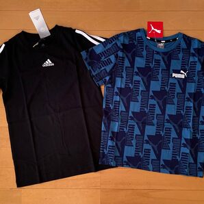 新品未使用 半袖Tシャツ2枚 140 adidasアディダス 3ストライプ ブラック黒 ・PUMAプーマ 総ロゴ 総柄 ブルー紺