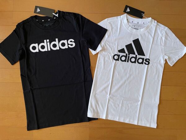 新品未使用 140 2枚 adidas アディダス 快適!!半袖Tシャツ リニアロゴ ブラック(黒)・ビッグロゴ ホワイト(白)