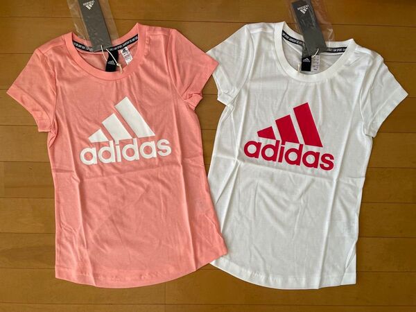 新品未使用 adidas アディダス 150 ビッグロゴ 快適!半袖Tシャツ2枚(グローリーピンク・ホワイト白)ガールズ