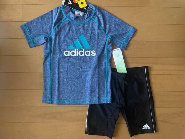 新品未使用 130 adidasアディダス UVカット最高値!! UPF50 半袖ラッシュガード 快適 ボーイズスクール水着 紺黒