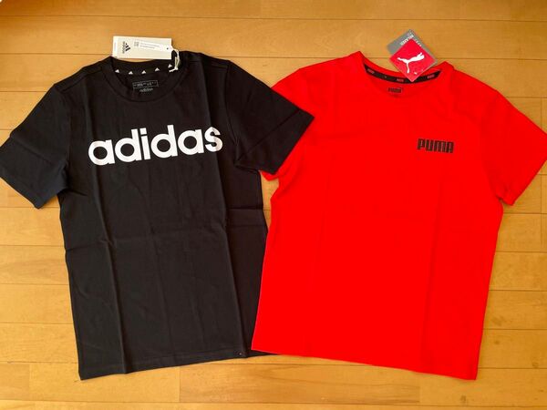 新品未使用 半袖Tシャツ2枚 150 adidas アディダス リニアロゴ 黒・PUMA プーマ バックプリント レッド赤 快適