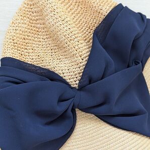 帽子 麦わら帽子 ハット リボン UVカット 日よけ オーバーライド リボン付き ビッグリボン ネイビー ベージュ レディース 夏