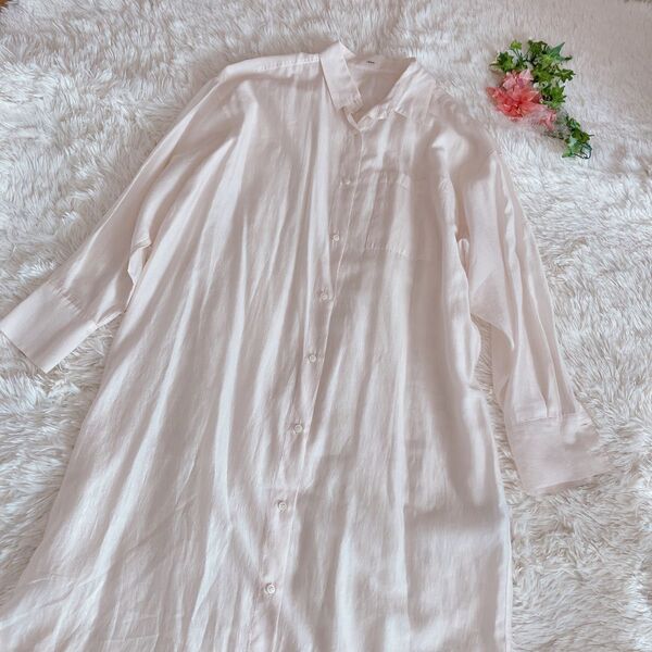 美品イエナロングシャツワンピース シアー ホワイト 透け感素材38サイズ長袖