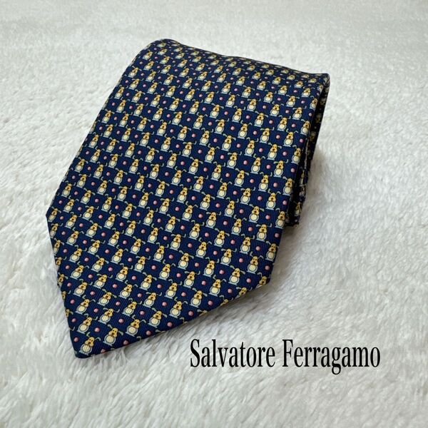 Salvatore Ferragamo シルクネクタイ 犬とボール柄 ネイビー