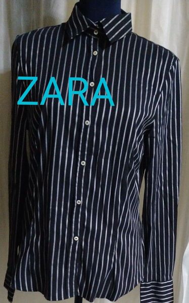 《ZARA》 長袖ボタンダウンシャツ Lサイズ ボーダー シャツ 長袖シャツ ブラック