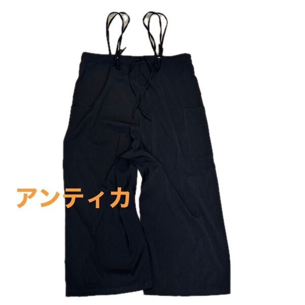 紐付きワイドパンツ フリーサイズ サロペット 黒 ポケット付き アンティカ レディースファッション ブラック