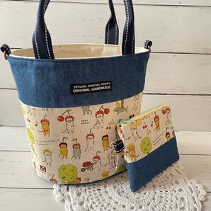 ハンドメイド ねこ バケツ型トートバッグ ポーチ セット