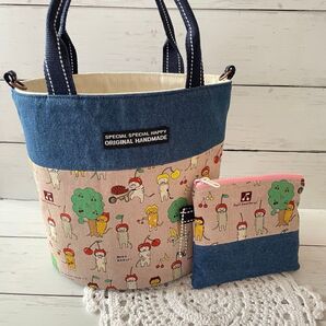 ハンドメイド ねこ バケツ型トートバッグ ポーチ セット