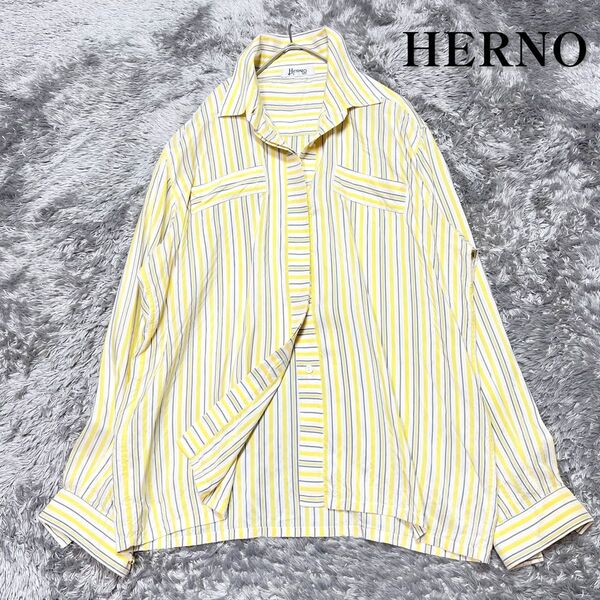 HERNO ヘルノ イタリア製 シルク100% ロングスリーブ ブラウス ストライプ イエロー XXL相当 着用感のない美品
