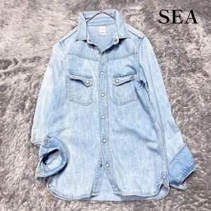 SEA シー 日本製 リネン混 デニム ウエスタンシャツ ライトブルー S相当 美品
