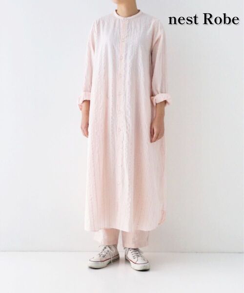 nest Robe ネストローブ レディース コットンリネンドビーストライプシャツワンピース 麻 綿 フリーサイズ 美品