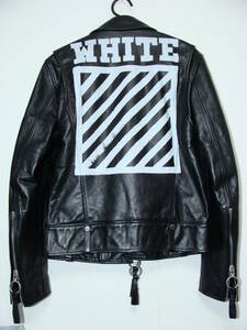 OFF-WHITE eggshell white *kau car f leather cow leather double rider's jacket * back bai Asprin to