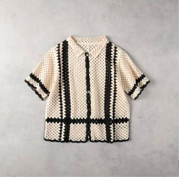 美品 かぎ針編み風半袖カーデ クロシェ Lサイズ ハニーサックルローズ