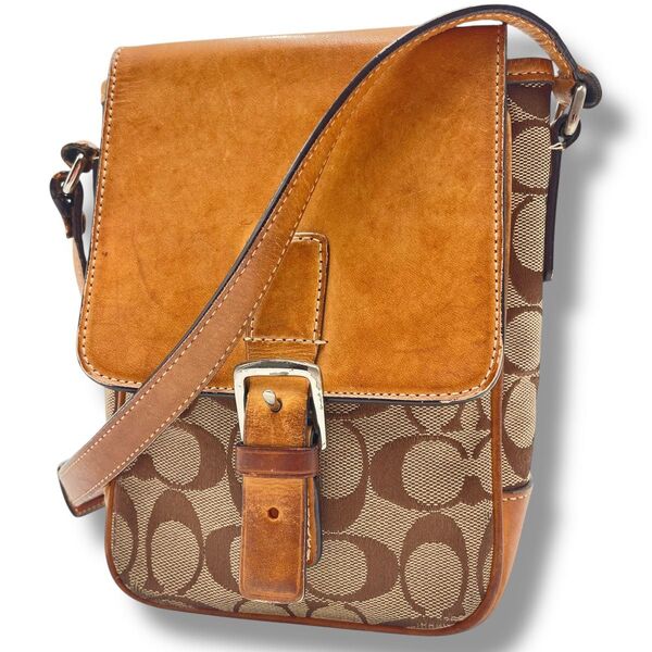 【レア】COACH コーチ ショルダーバッグ シグネチャー キャンバス×レザー ヌメ革 斜め掛け スマホポーチ 男女兼用 メンズ
