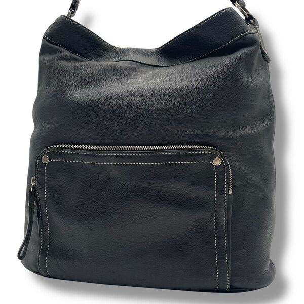 【美品】大容量 LONGCHAMP ロンシャン ワンショルダーバッグ オールレザー ロゴ型押し 黒 肩掛け 通勤通学 ビジネス