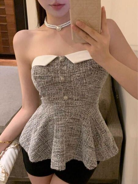 ベアトップ 春 ベロア トップス レディース ナイトウェア セクシー ペプラム