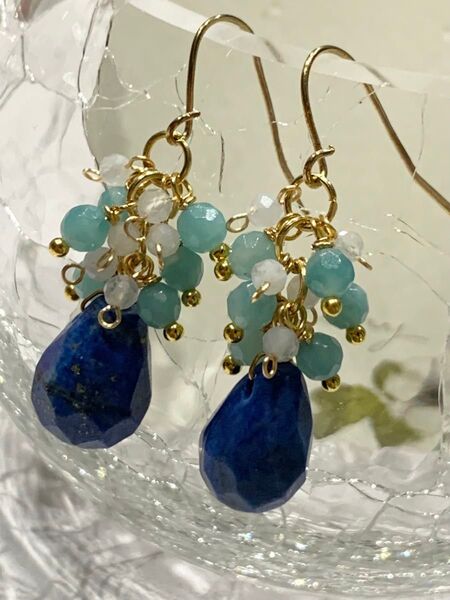 254. ラピスラズリ×ブルーレースアゲート ハンドメイド ピアス 天然石 ステンレス イヤリング アマゾナイト