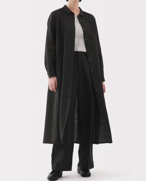無印良品 婦人 リネン 洗いざらし長袖シャツワンピース ワンピース Sサイズ 黒 レディース ブラック シャツワンピース