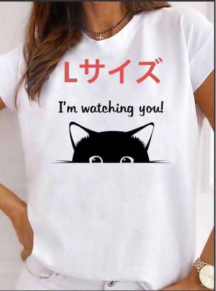 Tシャツ シワ予防 半袖 レディース 白 伸縮性 猫 かわいい L