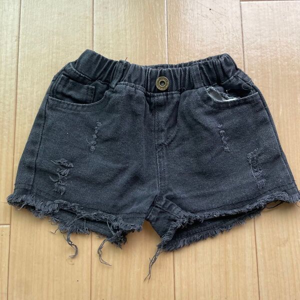 キッズ デニムショートパンツ ブラック ダメージ加工