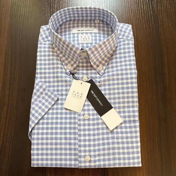 新品 THE SUIT COMPANY ノンアイロン チェックシャツ S 37 半袖ドレスシャツ ワイシャツ