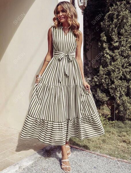 SHEIN ストライプ ノッチレックワンピ #緑×白L