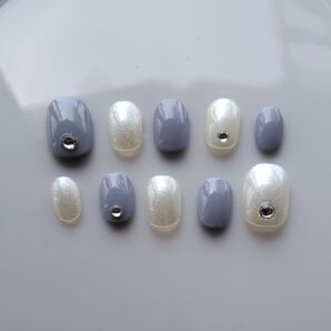 【現品】ジェルネイルチップ ベリーショート ストーンネイル ブルーグレースペースホワイト#297