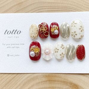 成人式ネイル 赤 【サイズオーダー】ミラーフラワー 白無垢 和装 振袖 水引 リボン 前撮り 袴 ブライダル