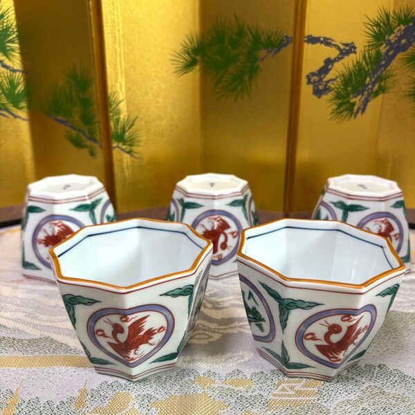 たち吉 橘吉 八角小鉢 5客揃い 丸窓絵 笹舟と金鶏図 和食器 色絵 未使用品