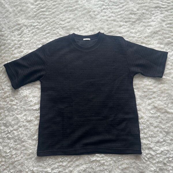 GU ジーユー 349792 メッシュテクスチャー クルーネック メッシュTシャツ ブラック Mサイズ