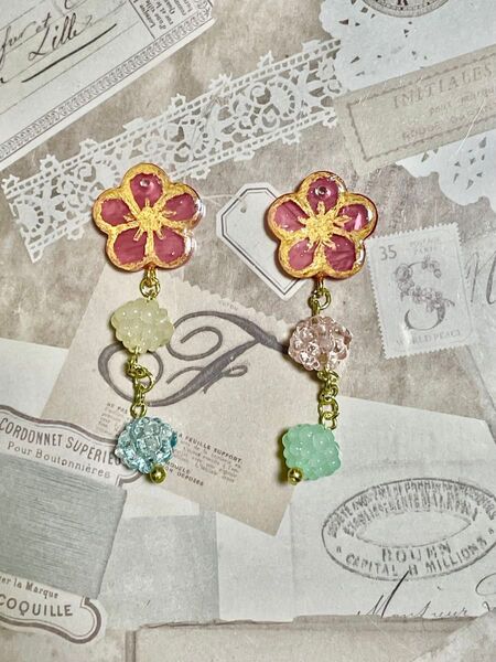 ハンドメイド 花と金平糖 ピアス イヤリング ノンホールピアス