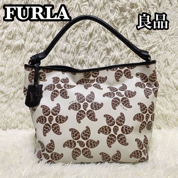 ●良品● FURLA フルラ トートバッグ 総柄 ワンショルダー PVC 白×茶 花柄