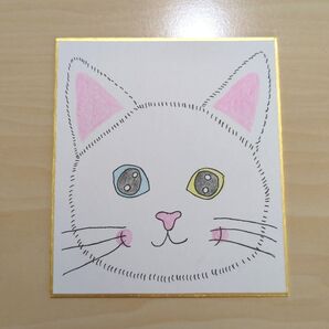 ハンドメイド 手書き オリジナル色紙イラスト オッドアイ白猫