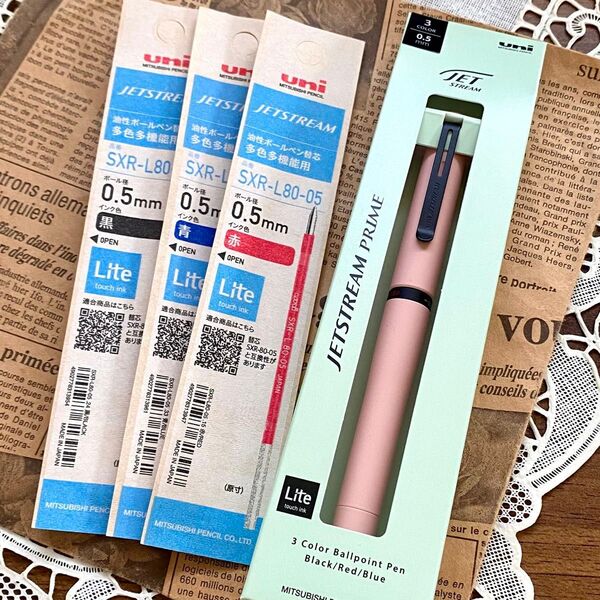 ジェットストリームプライム 回転繰り出し式3色ボールペン◆替え芯セット 0.5mm コットンピンク ライトタッチインク