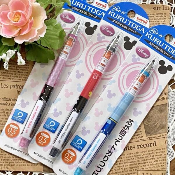 クルトガ ディズニー柄 3点セット◆シャープペンシル 0.5mm 三菱鉛筆 uni◇ミッキー ミニー ドナルド 可愛い♪