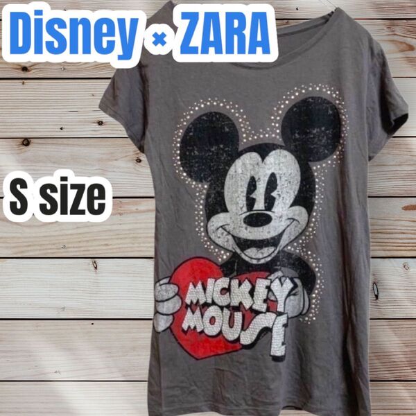 Disney×ZARA コラボ 半袖 Tシャツ ミッキー ビッグプリント ラインストーン グレー