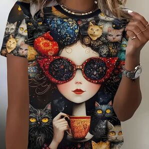 猫柄 猫ちゃん達と女の子 半袖Tシャツ