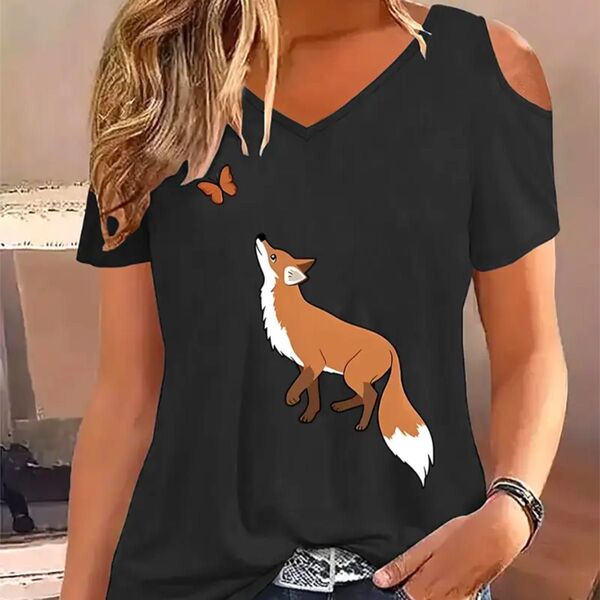 キツネ柄 半袖Tシャツ 肩あき