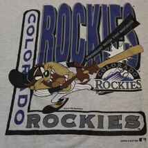 90s Looney Tunes TAZ MLB ROCKIES Tシャツ グレー ルーニーテューンズ タズ ワーナーブラザーズ メジャー コラボ キャラクター_画像2