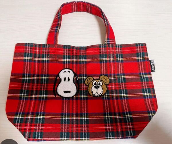 SNOOPY スヌーピー&ベア チェック ミニトート トートバッグ サガラ刺繍