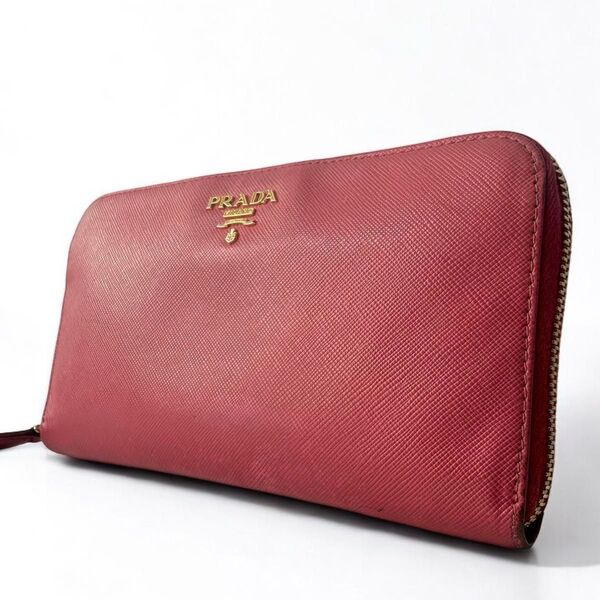 【良品】PRADA プラダ サフィアーノレザー ラウンドファスナー ラウンドジップ 長財布 ロングウォレット ゴールドロゴ ピンク