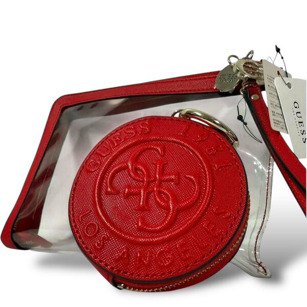 【美品】GUESS ゲス 丸型コインケース クリアポーチ ロゴチャーム 立体ロゴ シルバーチャーム レッド 赤 2点セット